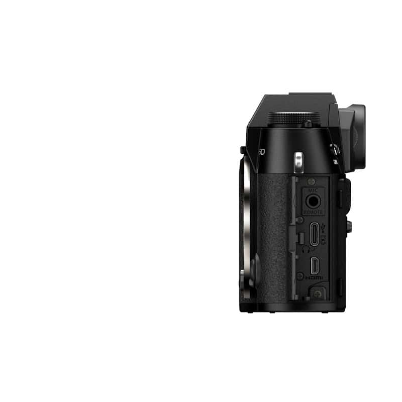 Fujifilm X-T50 Gehäuse schwarz, seitliche Ansicht, kompakt und modern.