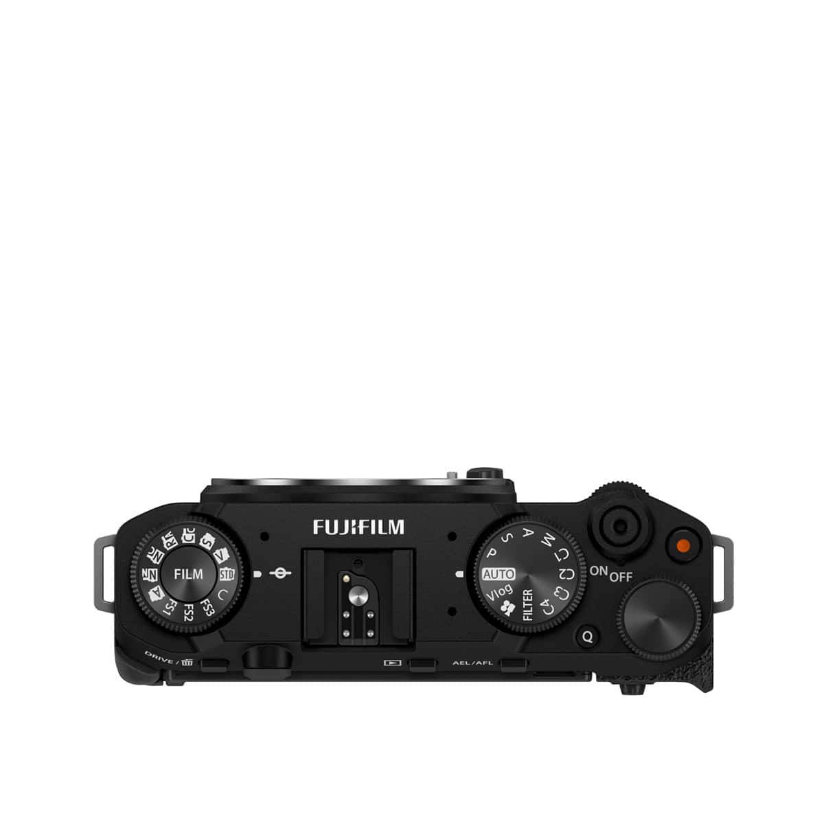 Schwarzes Fujifilm X-M5 Gehäuse, Top-Ansicht, Nahaufnahme.